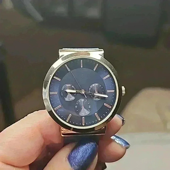 Women's Navy and Rose Gold Three Eye Style Round Faced Faux Leather Strap Watch - Picture 1 of 5